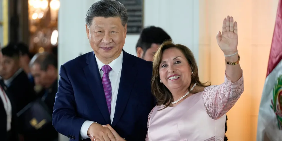 Xi Jinping and Dina Boluarte shake hands in Lima after a ceremony to virtually inaugurate a Chinese-funded port in Chancay.