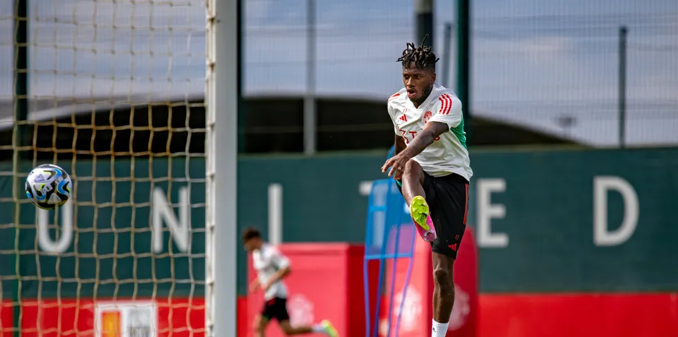 Fred of Manchester United in action during a pre-season first team training session at Carrington Training Ground, near the planned giant battery storage site.