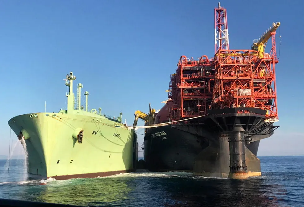 In operation: the BW Paris offloads a cargo from the Toscana FSRU in the Mediterranean Sea