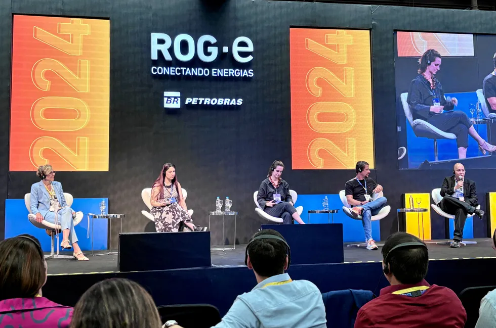 Panellists at ROG.e 2024 discuss creating a culture of innovation. (Left to right) Sophie Zurquiyah, chief executive of Viridien; Bruna Amaral, open innovation developer at Bosch; Carol Hoffman, culture and engagement coordinator at Natura; Pedro Noce, chief information officer at Itau; and moderator Aspen Andersen, vice president of people and technology at Vibra.