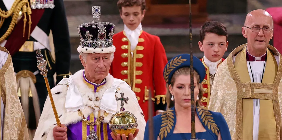 Britain's King Charles III wearing the Imperial state crown at his coronation.