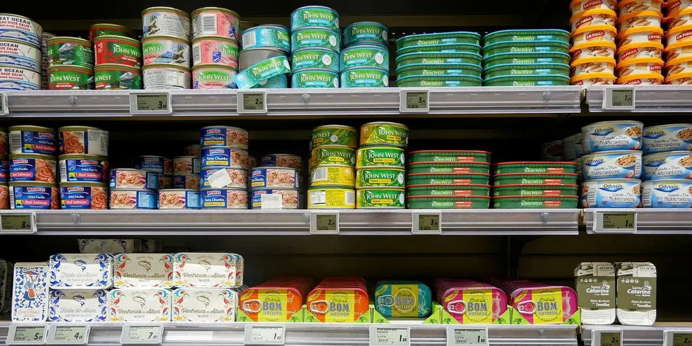 Canned seafood sits lonely on a UK retail shelf. Canned salmon has continued to decline in sales in the UK.