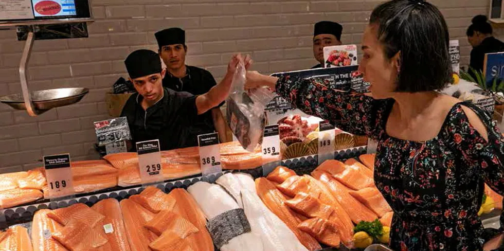Farmed salmon prices slipped again, but the decline could spur higher consumption.