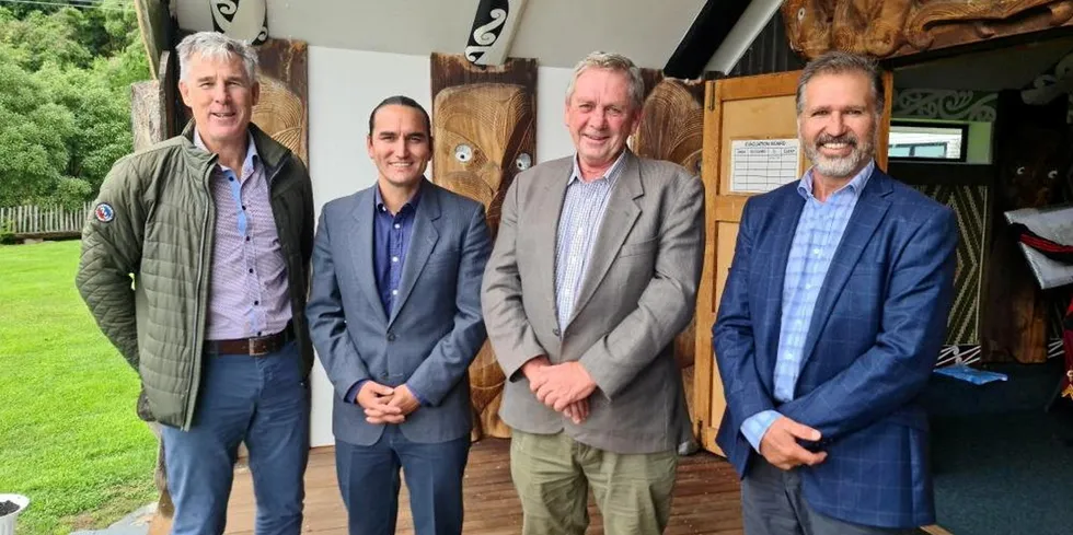 The directors of Ahi Mokopuna Limited Partnership – (L) to (R) Graham Turley of Archipelago, Jymal Morgan of Onuku Runanga, Duncan Bates of Akaroa Salmon and Dean Moana of Ngati Porou Seafoods at Onuku Marae.