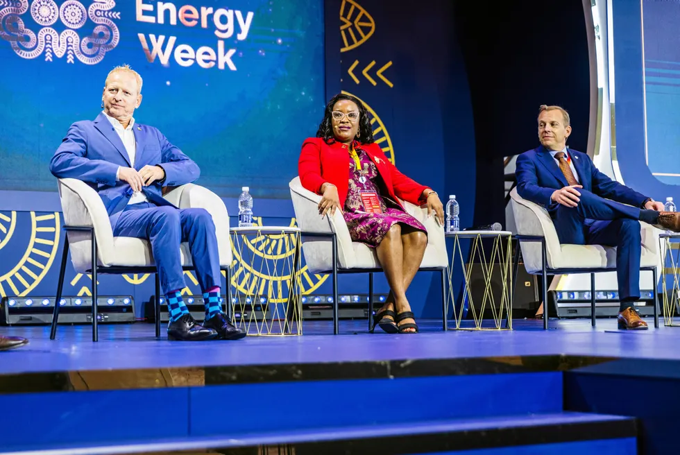 Eco Atlantic chief executive, Gil Holzman, (left) at an African Energy Week exploration panel in November in Cape Town, alongside Namibia Petroleum Commissioner, Maggy Shino, (centre) and Azule Energy chief operating officer. Alister Forder.