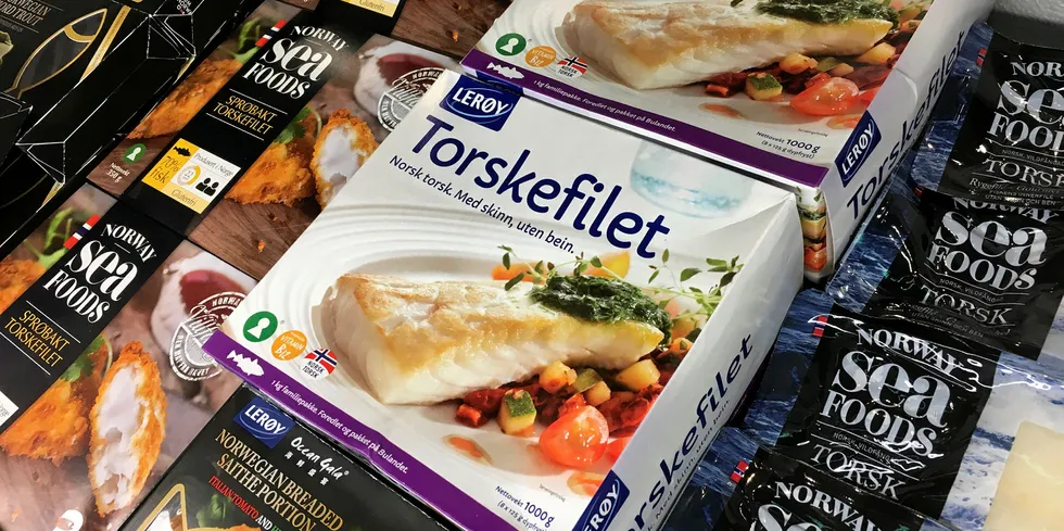 Leroy Seafood's frozen cod and whitefish products in a freezer case under the Leroy and Norway Seafoods brands.