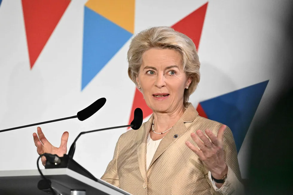 Headwinds: President of the European Commission Ursula von der Leyen gives a press conference following an informal summit of the European Union on 7 October.