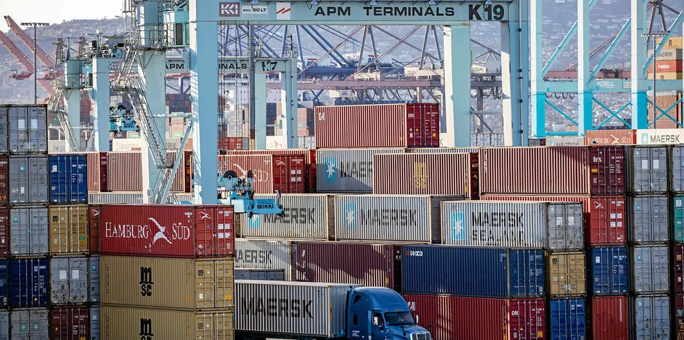 Containers sit at the Port of Los Angeles, the largest in the United States, waiting to get picked up by trucks and trains.