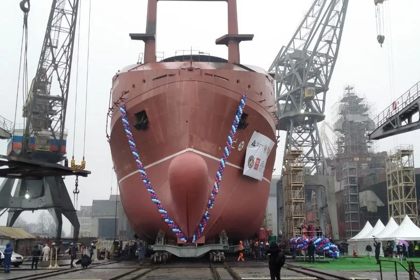 Launch ceremony for the Viktor Gavrilov, a freezer trawler built in the Yantar shipyard, Kaliningrad, Russia for the V. Lenin Collective Fish Farm.