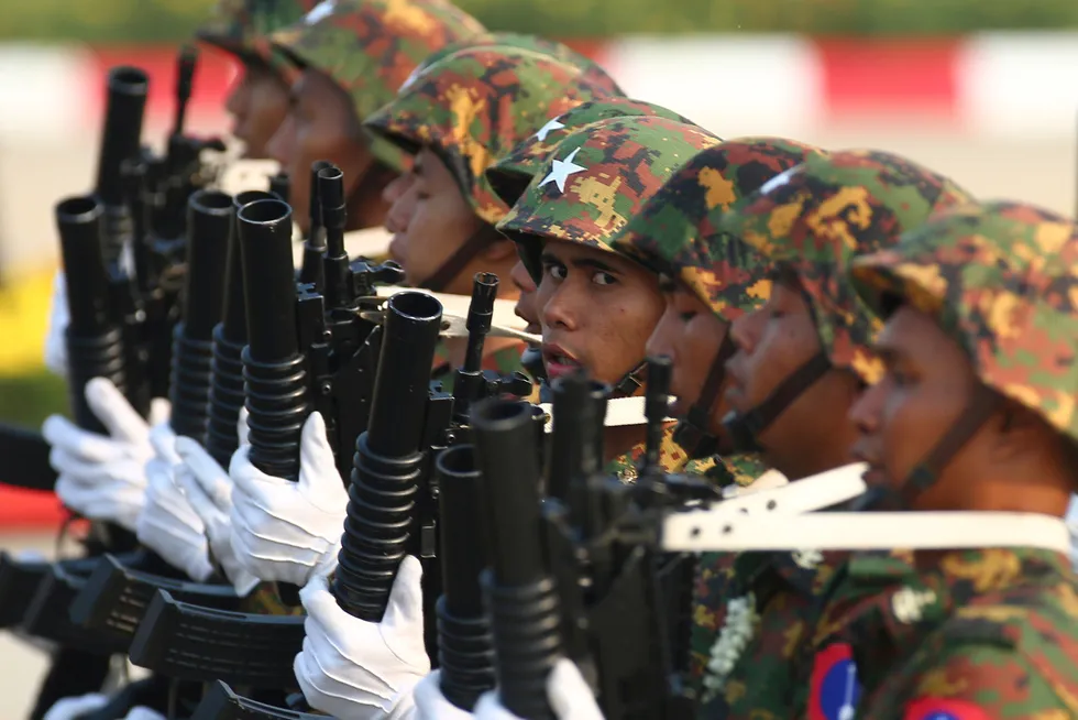 Parade: Military officers march to commemorate Myanmar’s 78th Armed Forces Day in the capital, Naypyitaw, on 27 March 2023.