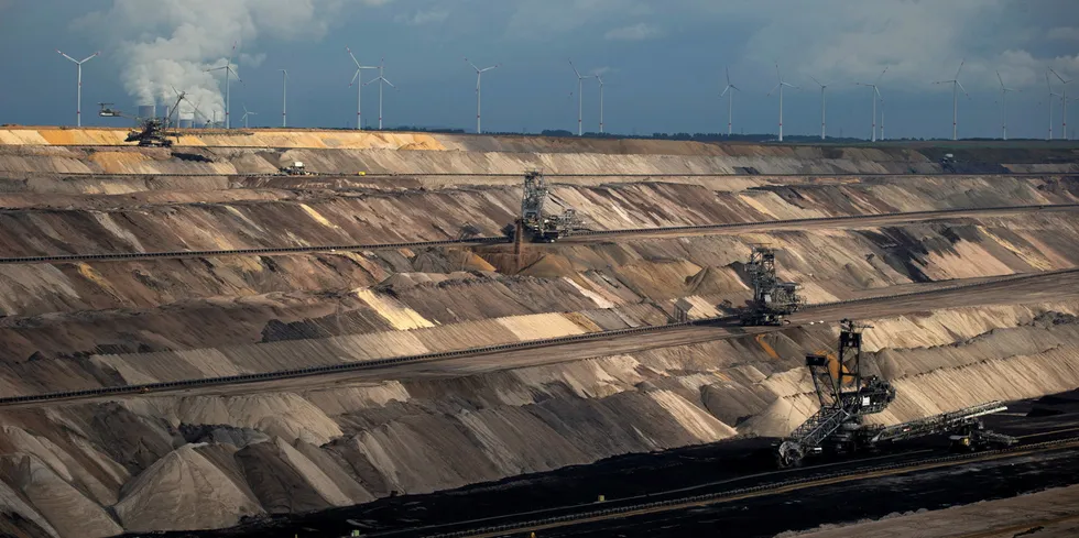 Giant mining machinery operating at an open pit lignite mine operated by RWE in Hambach, Germany