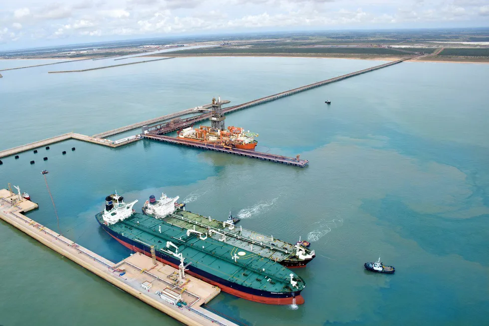 A ship-to-ship crude transfer at Port of Acu, Brazil.