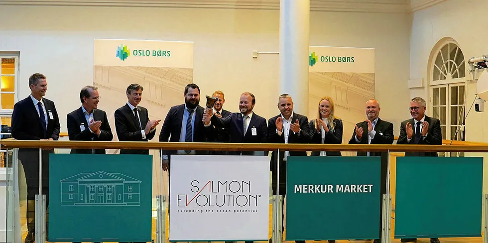 Salmon Evolution had its first day of trading on Merkur Market on Sept. 18. From left: Director Peder Stette, Director Frode Kjolas, CEO of Oslo Bors Oivind Amundsen, CEO Hakon A. Berg, Chair Tore A. Tonseth, Ingjarl Skarvoy, Kamilla Mordal Holo, Director Glen Bradley, Director Kristofer Reiten.