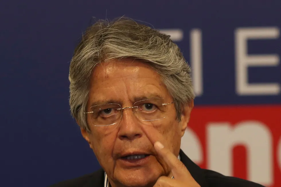 Winner Ecuador's President-elect Guillermo Lasso speaks during a press conference, one day after his electoral victory