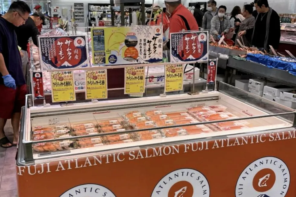 Proximar Seafood's Fuji Atlantic salmon in a Japanese supermarket. After making its first trial harvest on Sept. 30, the company has pushed a portion of its planned harvest for the current quarter into early 2025.