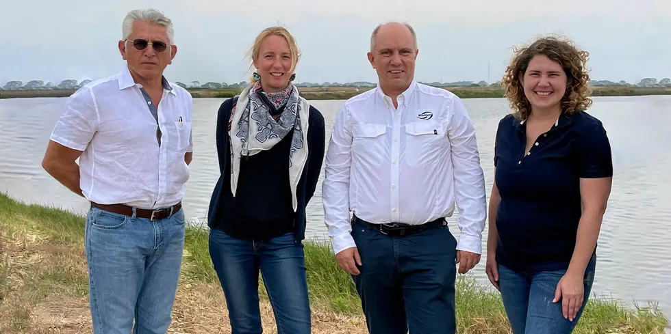 Feed giant BioMar and NGO the Earthworm Foundation are teaming up to improve Ecuador's shrimp sector. From left to right: Biomar's Danny Velez, Earthworm Foundation's Florie Hovine, Biomar's Henrik Aarestrup, and Earthworm Foundation's Karina Marcano.