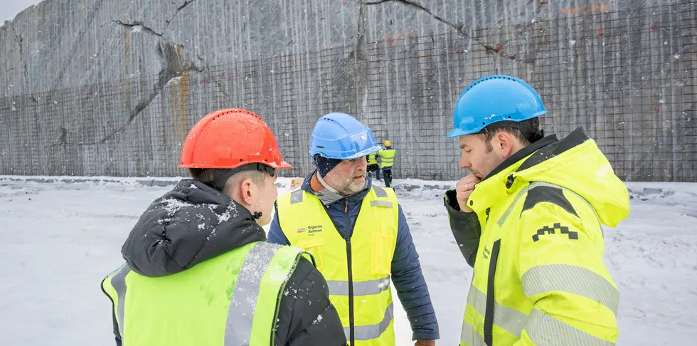Construction work at Gigante Salmon's land-based facility in Rodoy municipality south of Bodo. The company will build three giant tanks, where a flow-through plant will produce salmon on land, on a small islet.