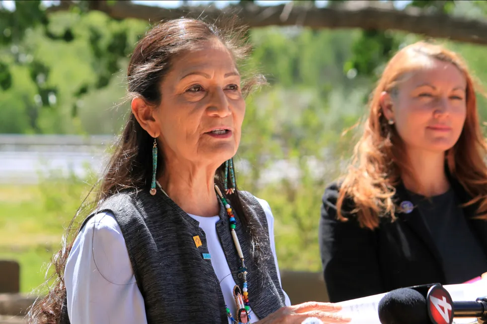 US Interior Secretary, Deb Haaland, (left) talks about the importance of water for arid states during a news conference in Albuquerque, New Mexico, on Friday, 10 May 2024.