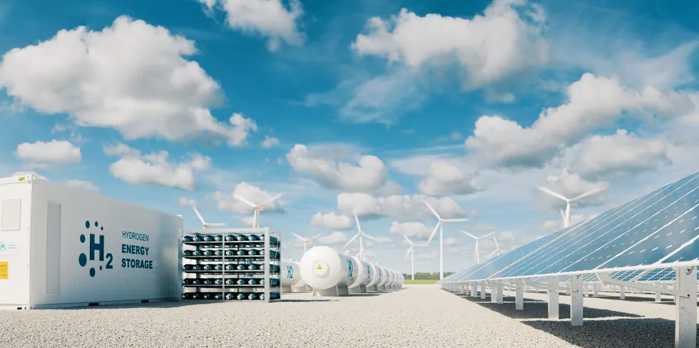 Graphic representing wind- and solar-powered green hydrogen.