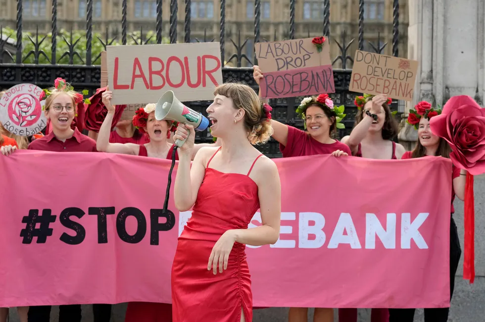 An earlier demonstration in front of the UK Houses of Parliament in London in July, calling for the UK to halt the develoment of Rosebank and all new oil and gas fields.