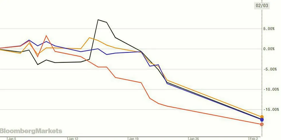 Baiyang Investment Group (black), Zhanjiang Guolian Aquatic (yellow), Zhangzidao Group (blue) and Dalian Tianbao all saw share prices collapse as markets opened after the 2020 Chinese New Year holiday.