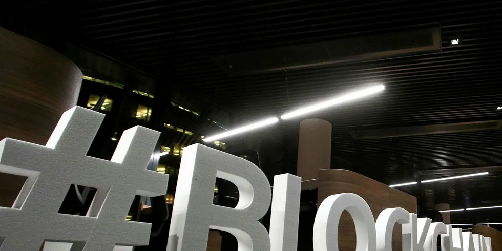 Giant letters are displayed at the Blockchain Centre, which aims at boosting start-ups, in Lithuania's capital Vilnius.