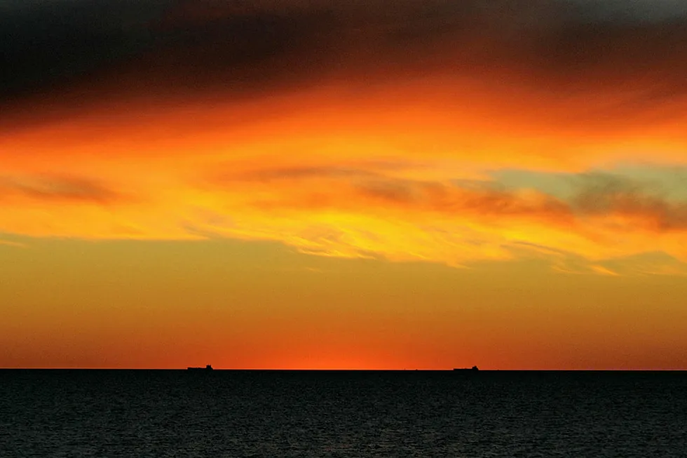 Facilities: cargo ships at anchor in the Indian Ocean off Western Australia