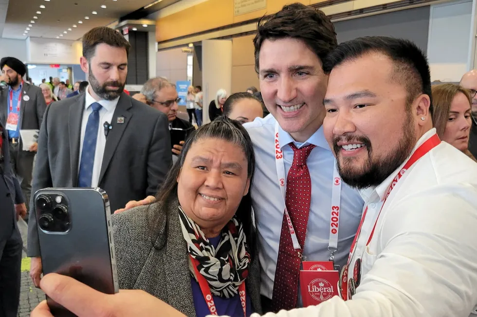 Members of the The First Nations for Finfish Stewardship (FNFFS) Coalition meeting with Justin Trudeau in May 2024. Trudeau, whose Liberal Party announced all salmon farms in British Columbia must transition to closed systems, announced his resignation Jan. 6.