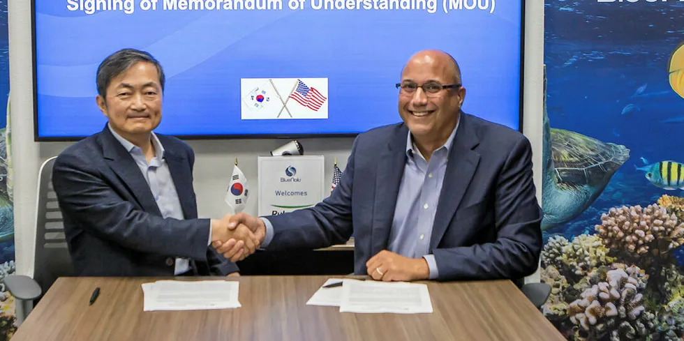 (Left to right) Sang Yun Lee, CTO of Pulmuone Co. Ltd. and Lou Cooperhouse, CEO of BlueNalu celebrate signing of MOU at BlueNalu headquarters.