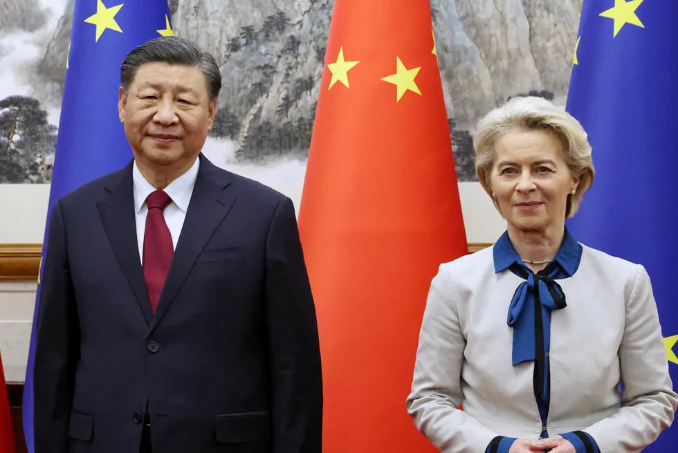 China's President Xi Jinping welcomes EU Commission President Ursula von der Leyen on a visit to Beijing in 2023.