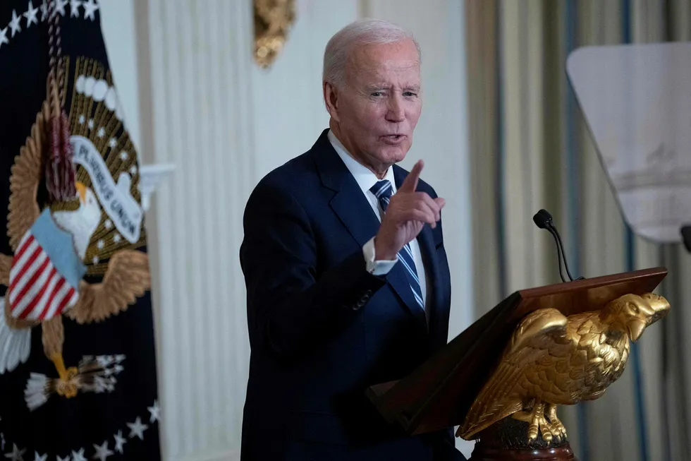 US President Joe Biden delivers remarks at a reception for new Democratic members of Congress at the State Dining Room of the White House in Washington, DC on 5 January 2025.