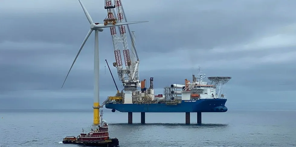 Installation of one of the two turbines at Dominion Energy's 12MW CVOW pilot, set to be engulfed in a 3GW mega-project being built by the developer in the Atlantic Ocean off Virginia