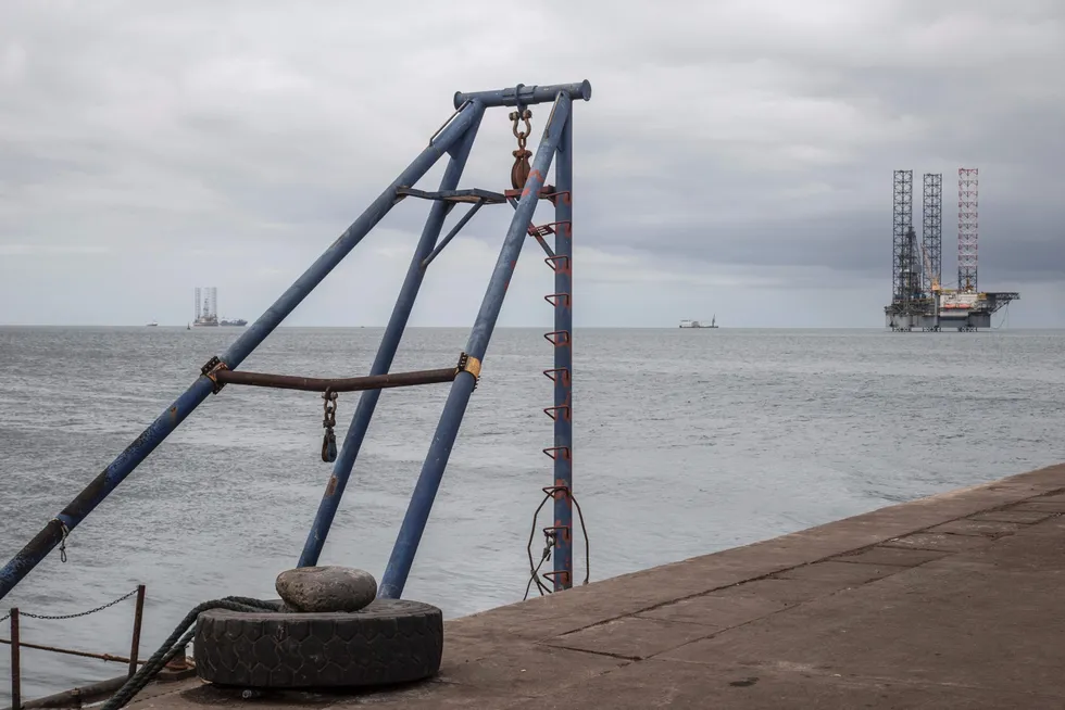 Oil-base: a jack up rig off the coast of Port Gentil, Gabon, about 20 kilometres from Perenco's Cap Lopez terminal where 300,000 barrels of oil leaked from a Perenco-operated storage tank