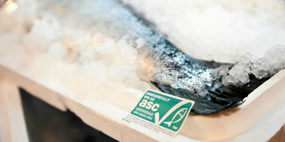 Salmon certified under the Aquaculture Stewardship Council standards.