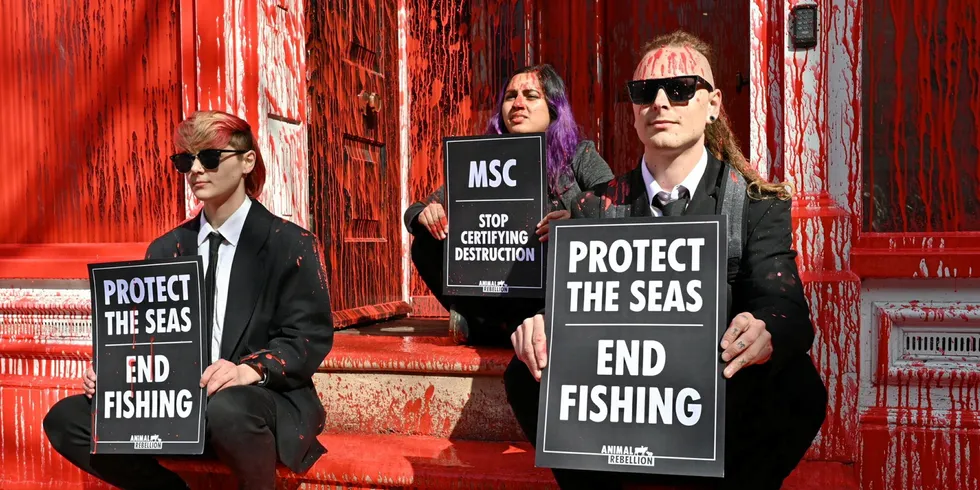 Animal Rebellion protestors used fire extinguishers to spray paint the MSC building blood red and held placards that read ‘MSC – Stop Certifying Destruction’ and ‘Protect the Seas – End Fishing’.