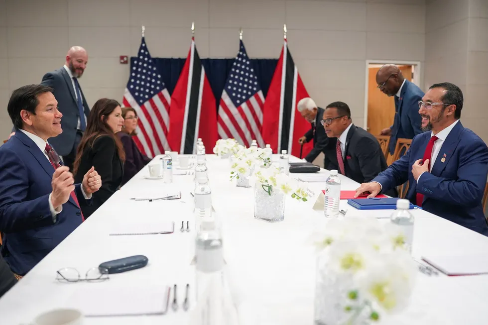 US Secretary of State Marco Rubio meets with Trinidad & Tobago Prime Minister Stuart Young at the US embassy in Kingston, Jamaica, on Wednesday.