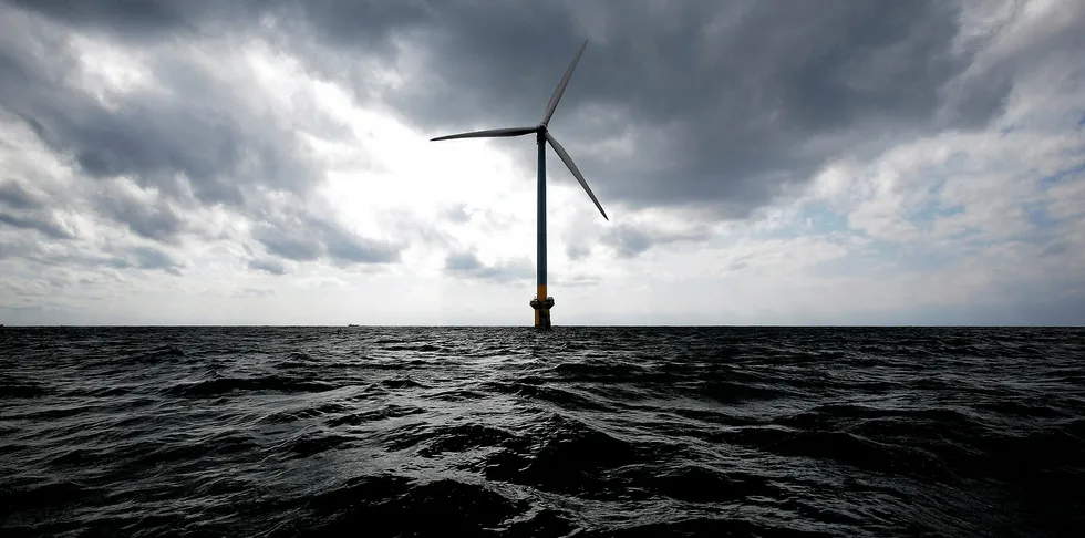 Tokyo Electric Power turbine stands in the sea off the coast of Choshi City, Chiba Prefecture, Japan