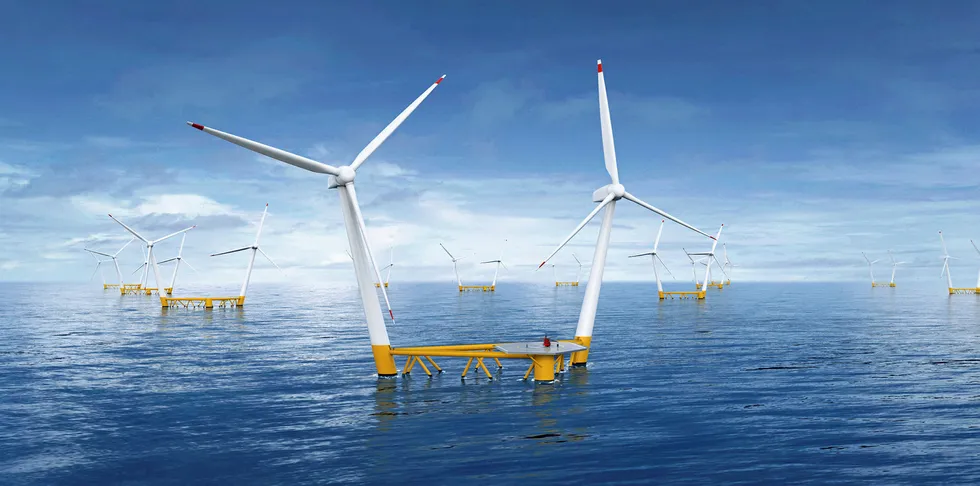 CGI of a wind farm of Hexicon floating units