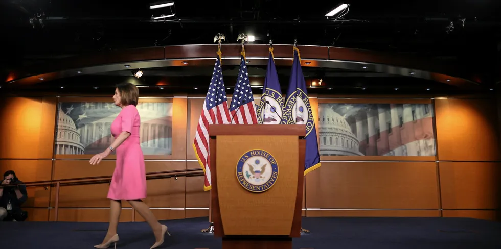 WASHINGTON, DC - MARCH 26: U.S. House Speaker Nancy Pelosi (D-CA) leaves a news conference about legislation addressing the ongoing coronavirus outbreak at the U.S. Capitol March 26, 2020 in Washington, DC.