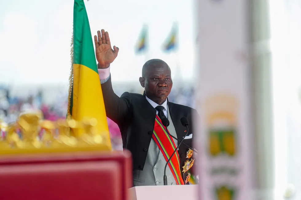 President of Gabon Brice Oligui Nguema takes the oath of office during his swearing-in ceremony in Libreville on 3 May, 2025.