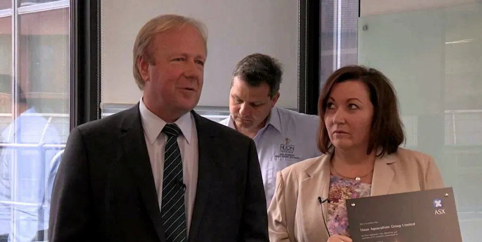 Peter and Frances Bender at the listing of Huon on the Australian Stock Exchange in 2014. The husband and wife team have been at the helm of the salmon producer for 36 years.