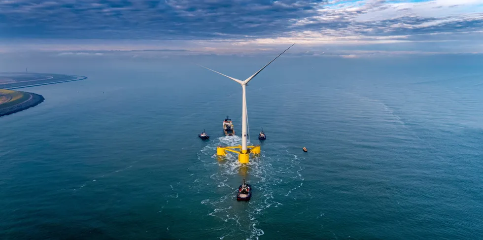 One of the floating wind units for Scotland's Kincardine project en route to site