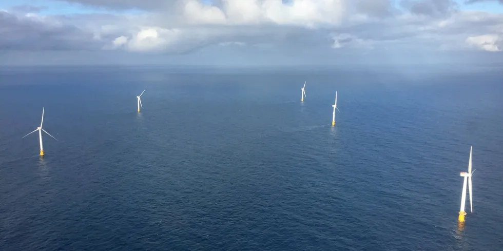 The world's first floating wind farm, the 30MW Hywind Scotland, in the UK North Sea