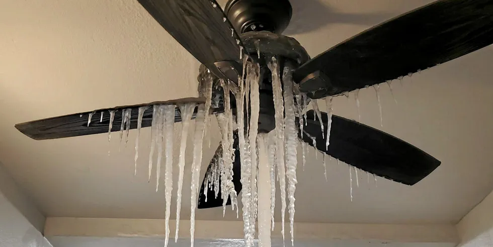 A very frozen ceiling fan in February 2021 in normally much warmer Dallas, Texas