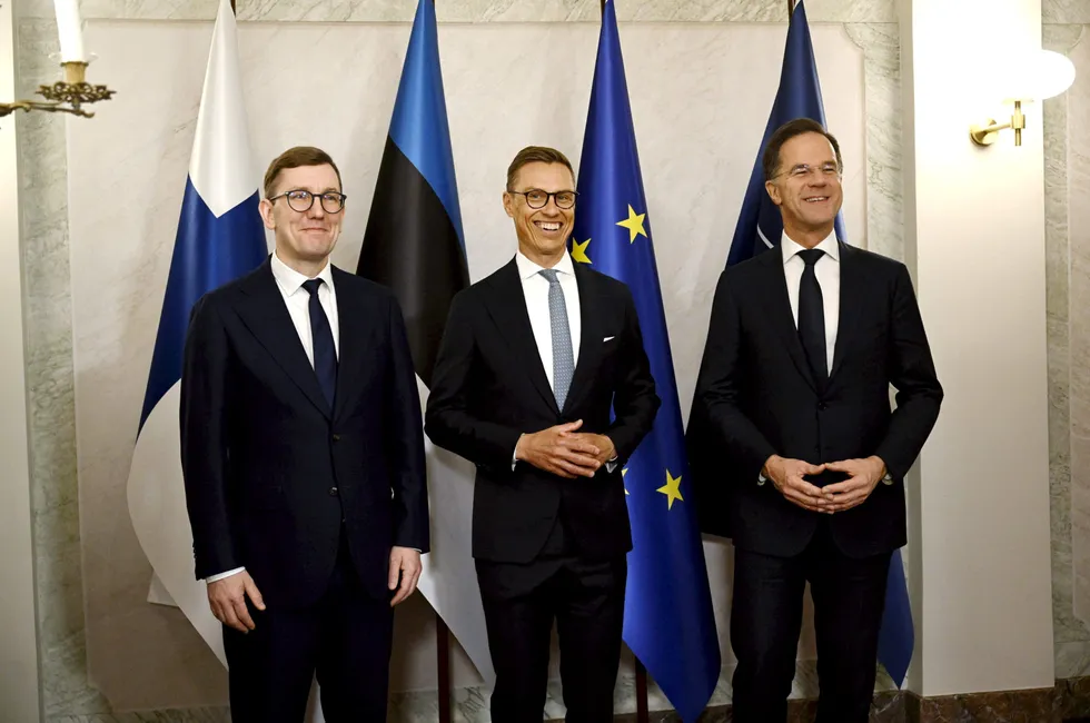 From left: Estonian Prime Minister Kristen Michal, Finnish President Alexander Stubb and NATO Secretary General Mark Rutte pose for a picture at the summit of the Baltic Sea NATO countries at the Presidential Palace in Helsinki, Finland.