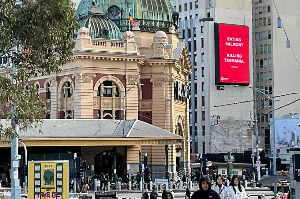 One of Neighbours of Fish Farming's billboards, positioned by Flinders Street station, Melbourne.