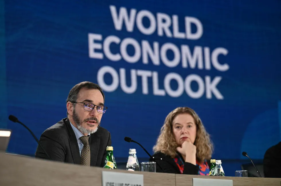 IMF chief economist Pierre-Olivier Gourinchas (left) and research department deputy director Petya Koeva Brooks (right) pictured during the International Monetary Fund-World Bank annual Fall meetings in Washington, DC, this week.