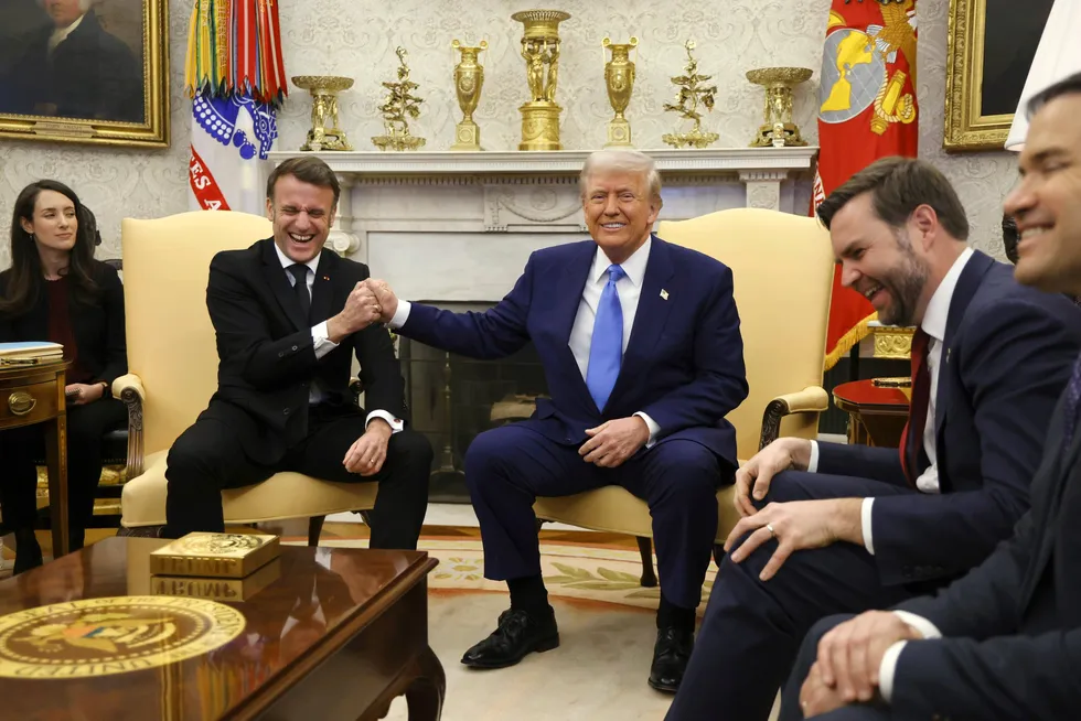 France’s President Emmanuel Macron (second from left), speaks with US President Donald Trump as Vice President JD Vance and Secretary of State Marco Rubio react during a meeting in the Oval Office of the White House in Washington, Monday, 24 February.