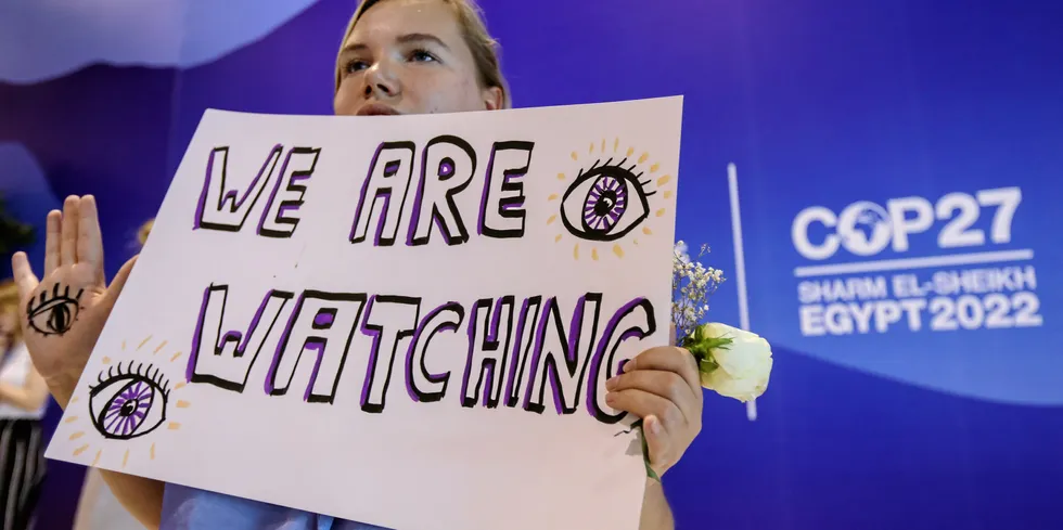 A climate activist Luisa Neubauer takes part in a demonstration at COP27.