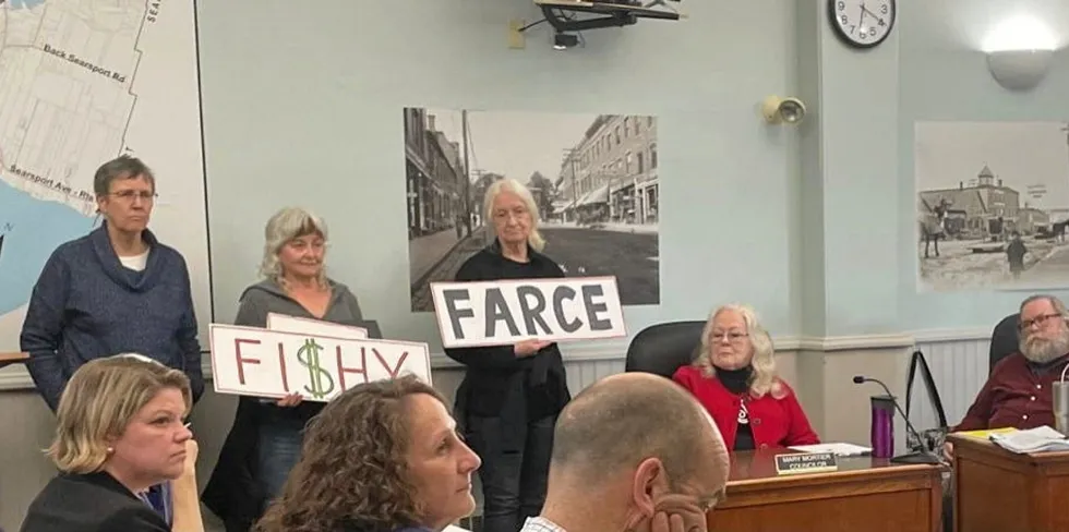 Opponents of Nordic Aquafarms land-based salmon farm made their feeling clear at a city workshop held in Maine in April.